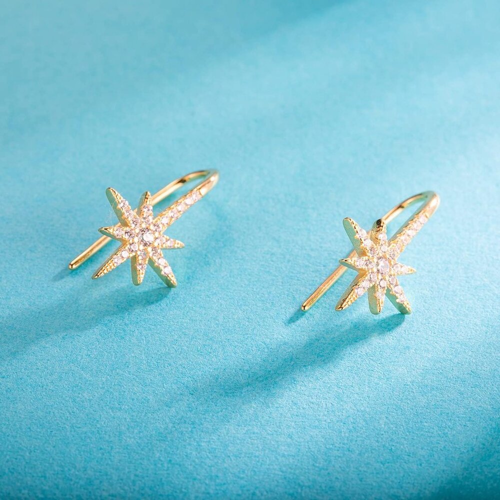Solid 925 Sterling Silver Sparkling Star Drop Ear… - image 2